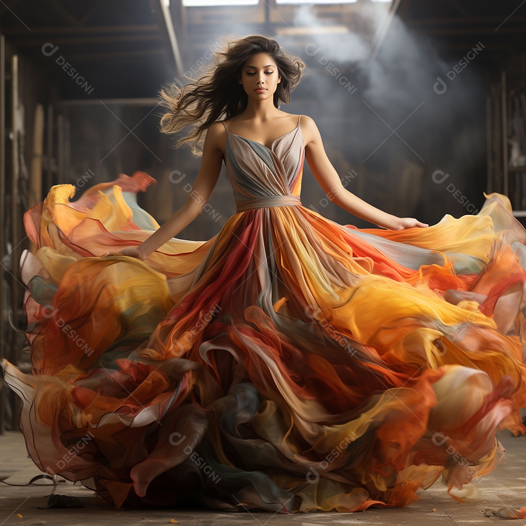 Linda mulher usando vestido de alta costura com desfoque de movimento