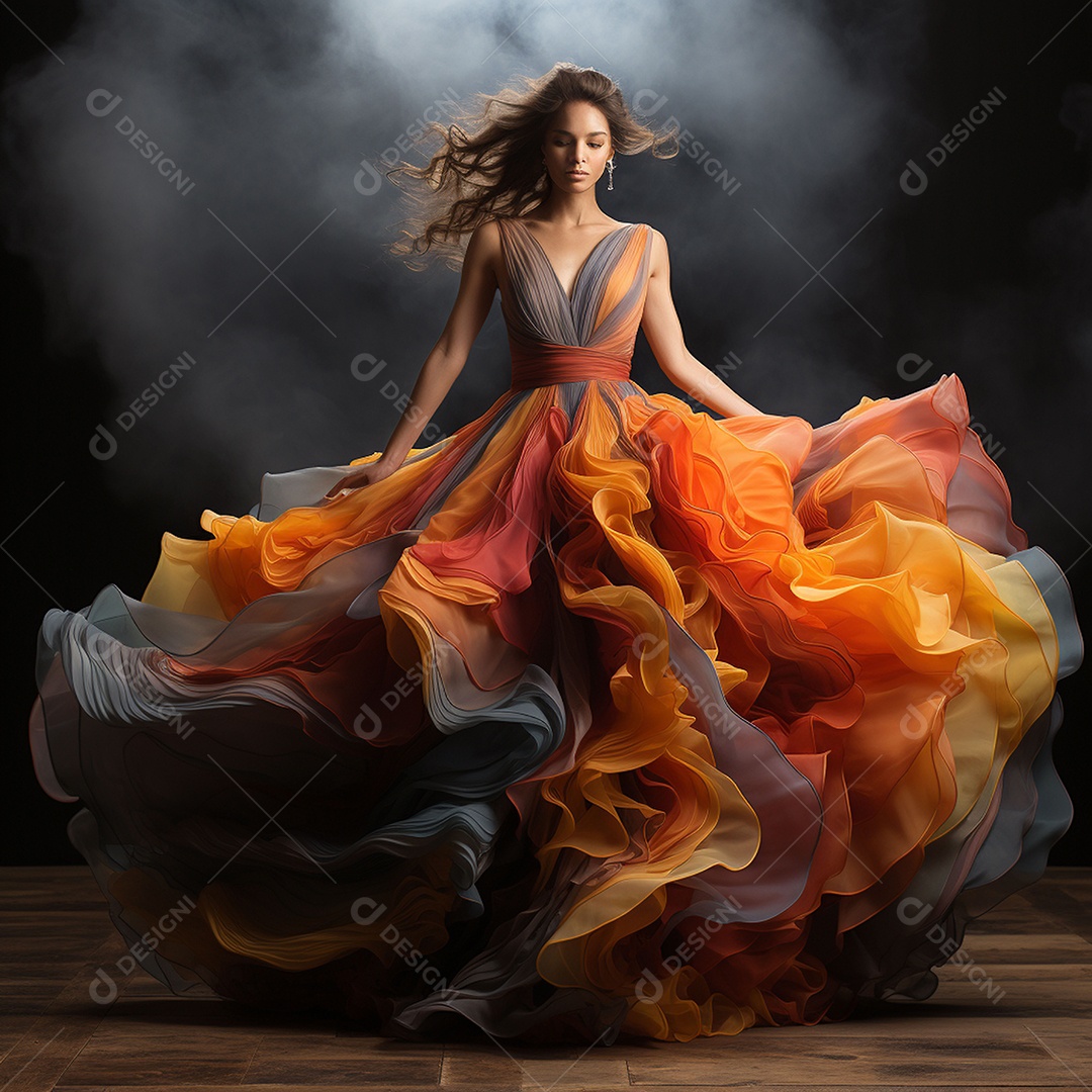 Linda mulher usando vestido de alta costura com desfoque de movimento