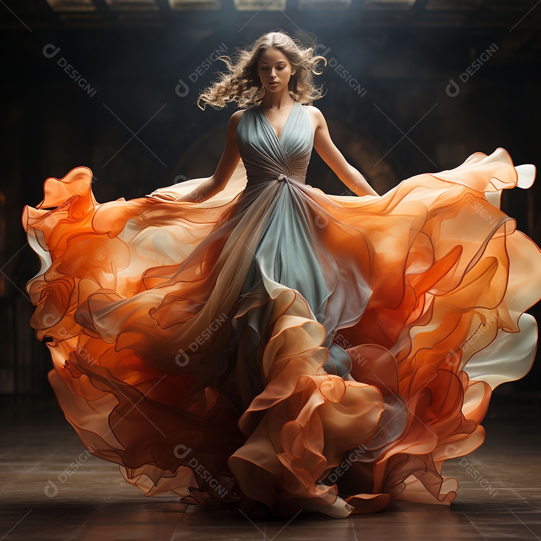 Linda mulher usando vestido de alta costura com desfoque de movimento