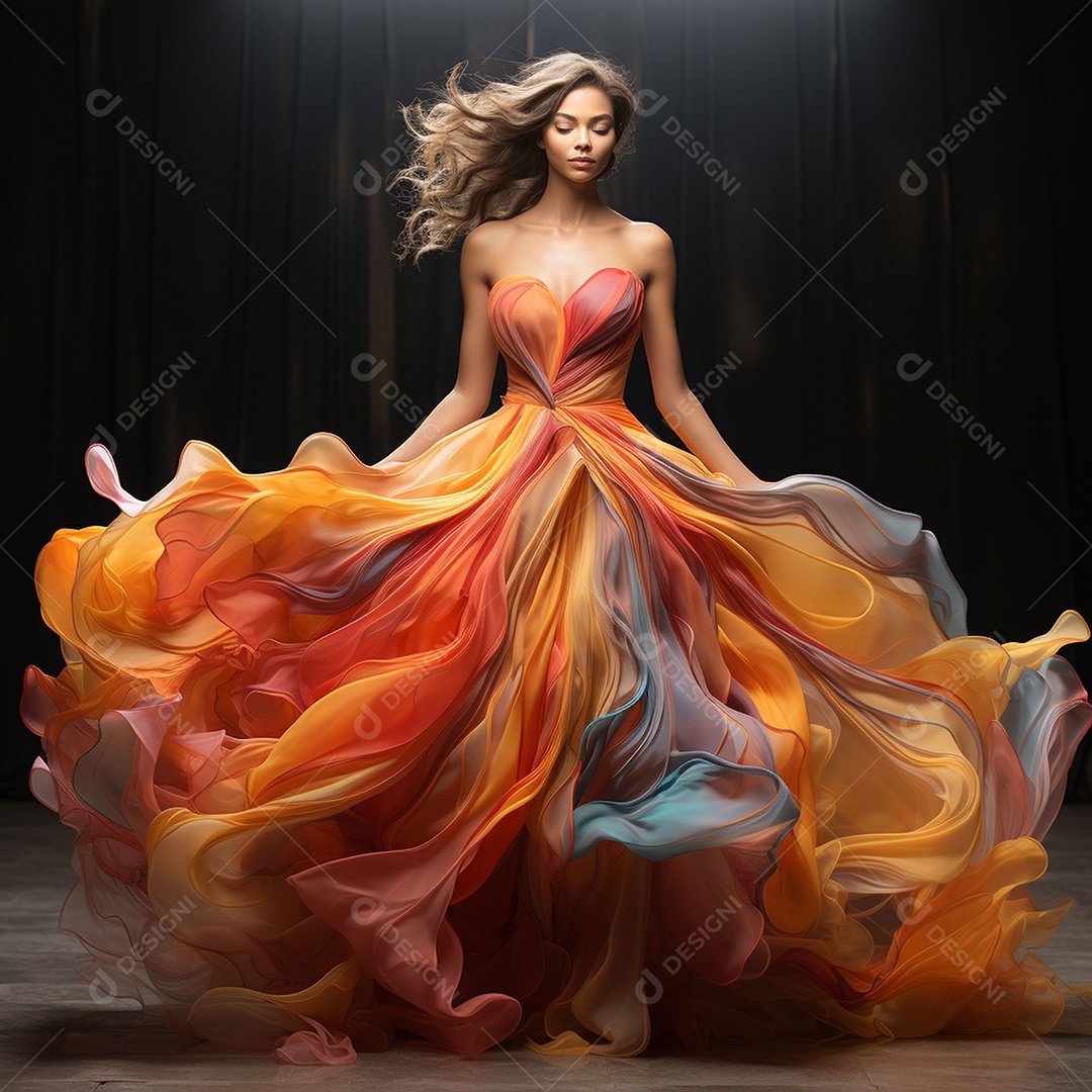 Linda mulher usando vestido de alta costura com desfoque de movimento