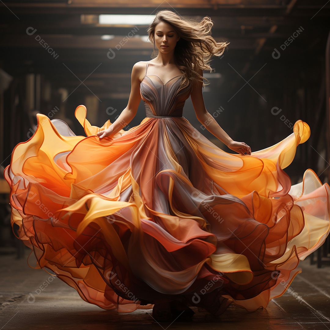 Linda mulher usando vestido de alta costura com desfoque de movimento