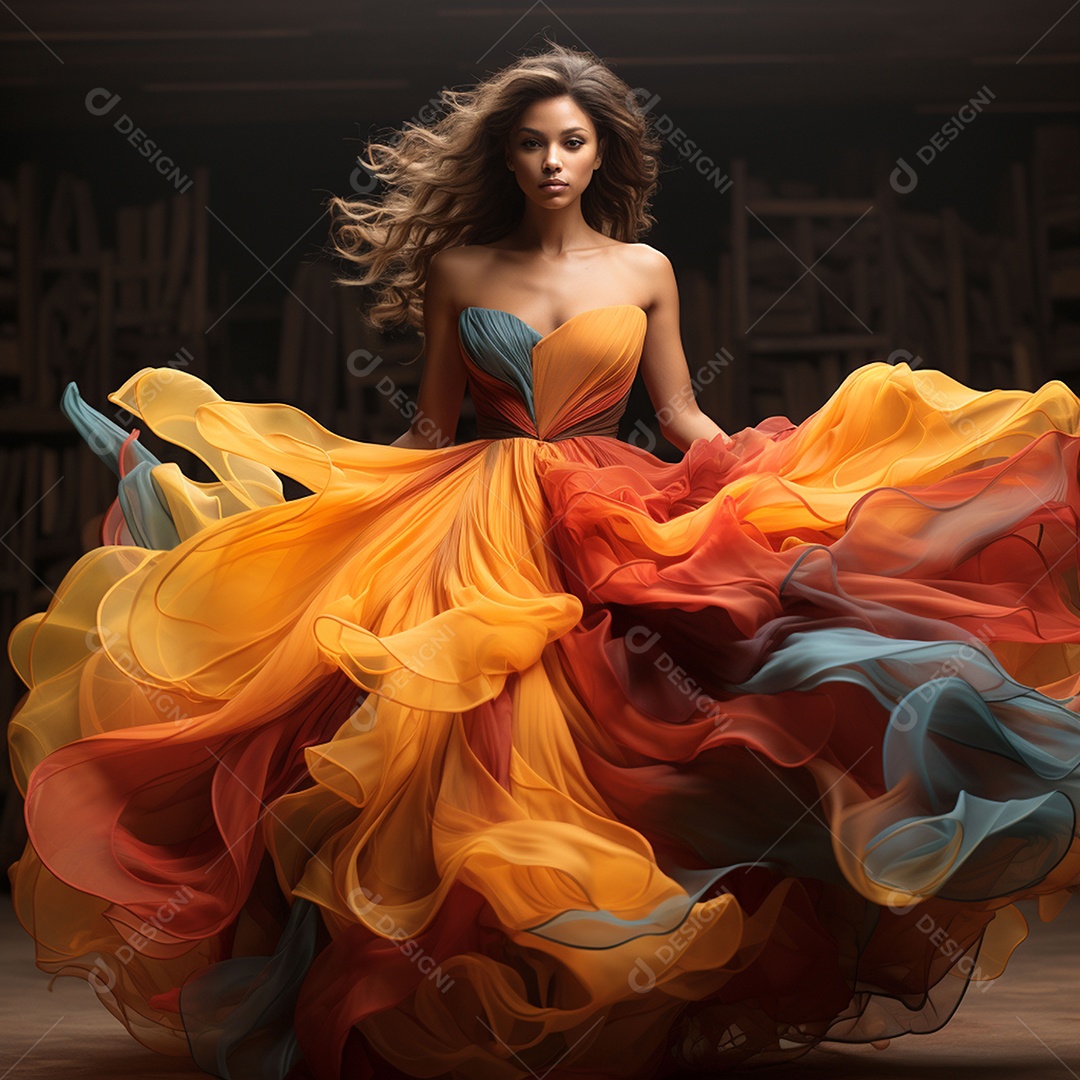 Linda mulher usando vestido de alta costura com desfoque de movimento