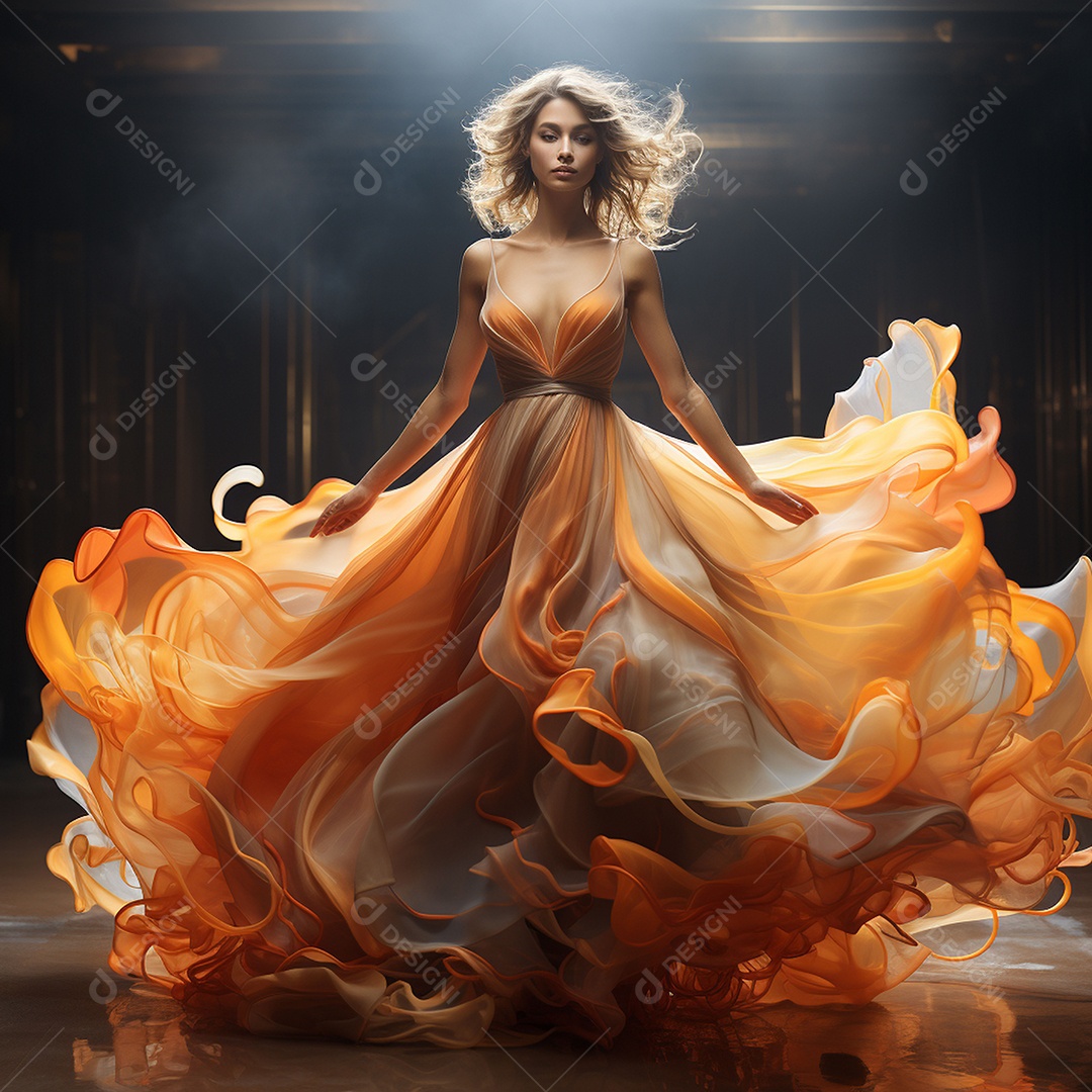 Linda mulher usando vestido de alta costura com desfoque de movimento