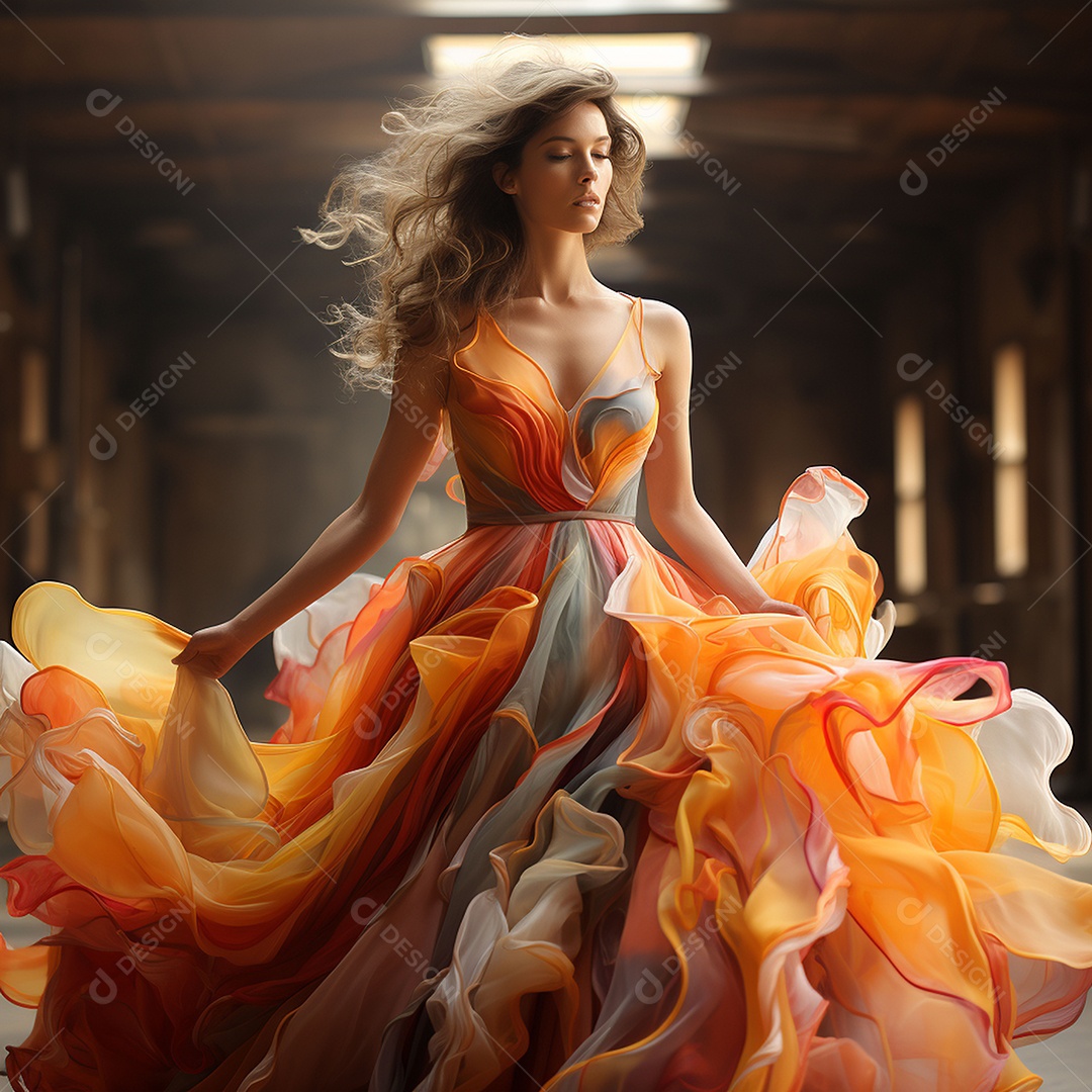 Linda mulher usando vestido de alta costura com desfoque de movimento