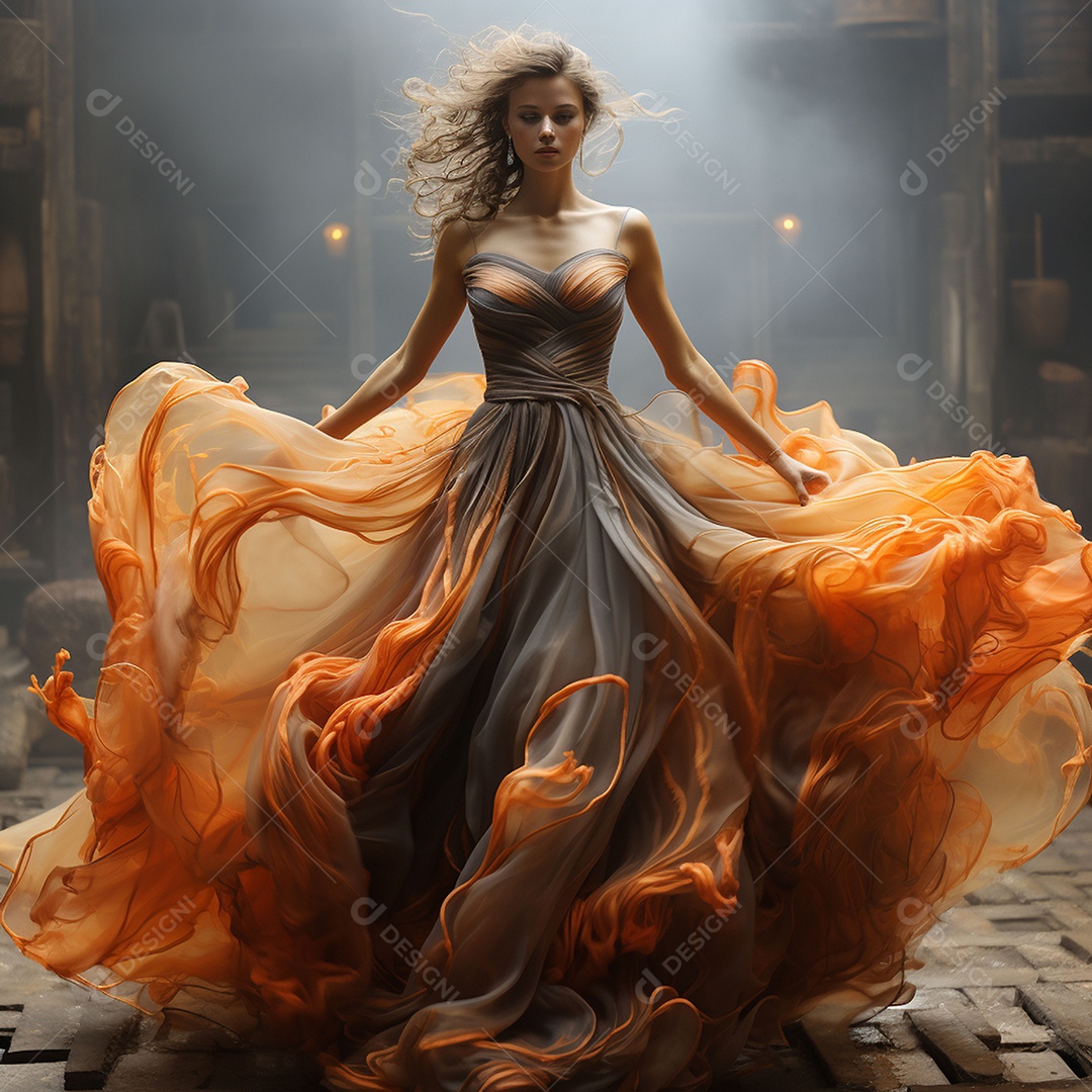 Linda mulher usando vestido de alta costura com desfoque de movimento