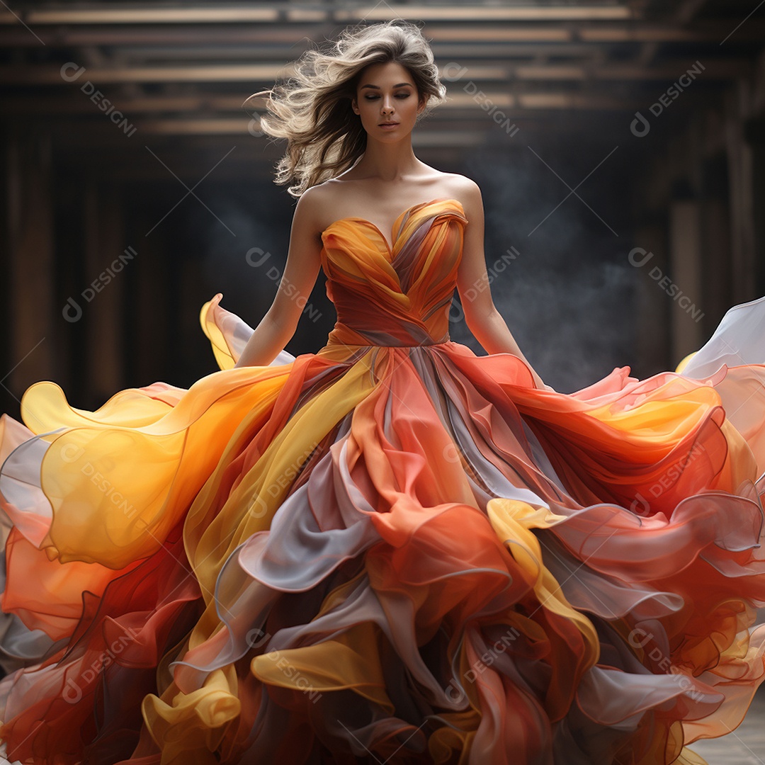 Linda mulher usando vestido de alta costura com desfoque de movimento