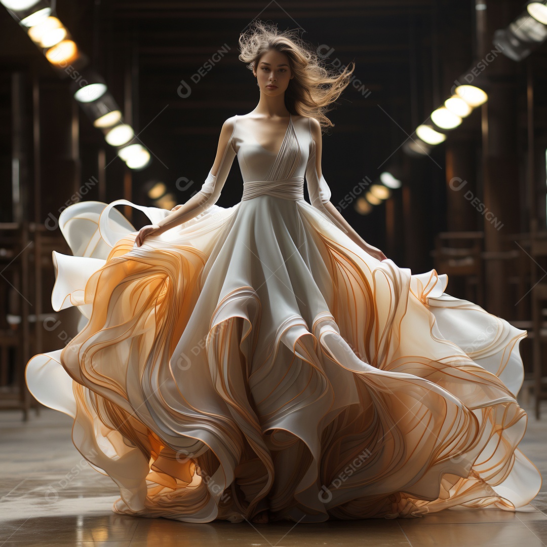 Linda mulher usando vestido de alta costura com desfoque de movimento