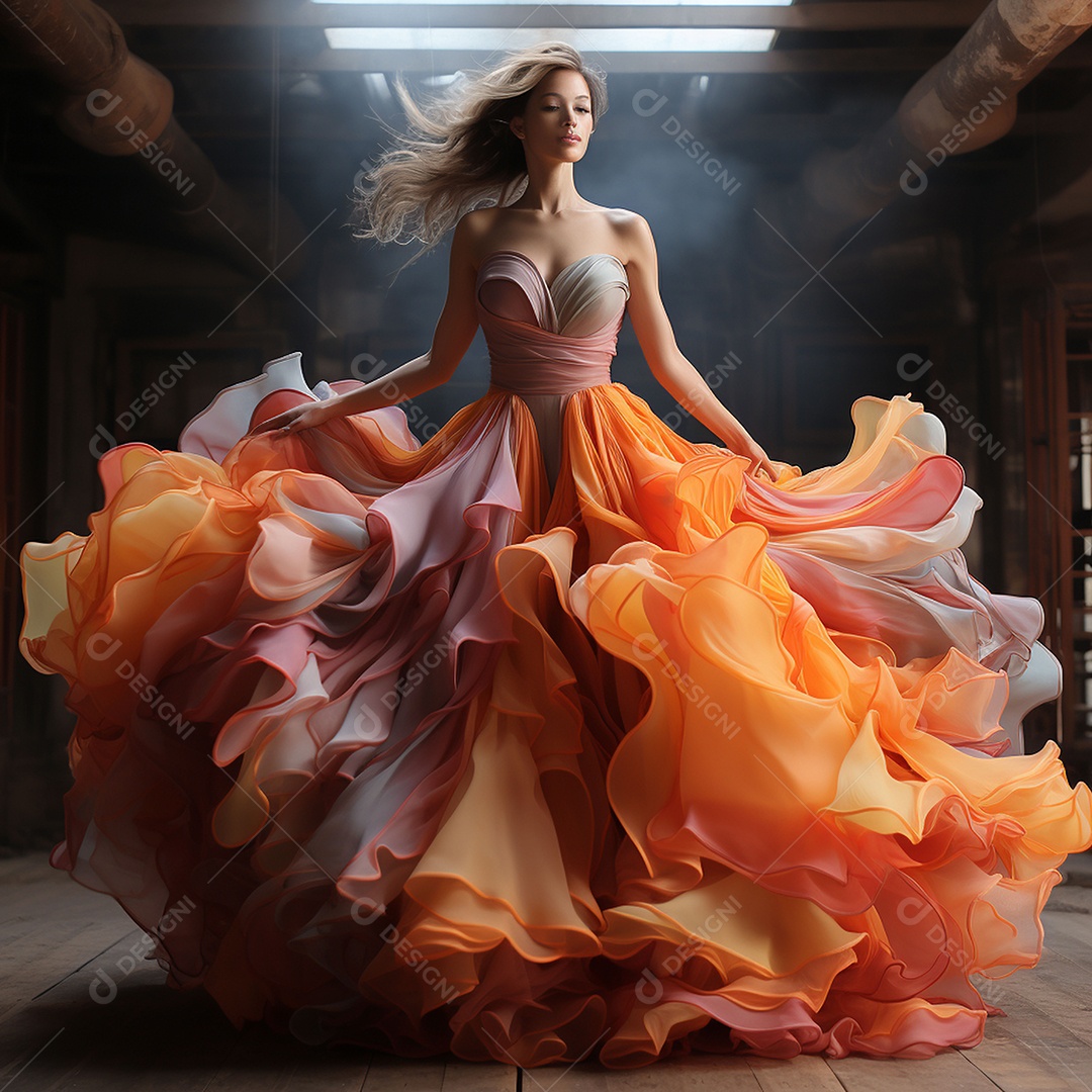 Linda mulher usando vestido de alta costura com desfoque de movimento