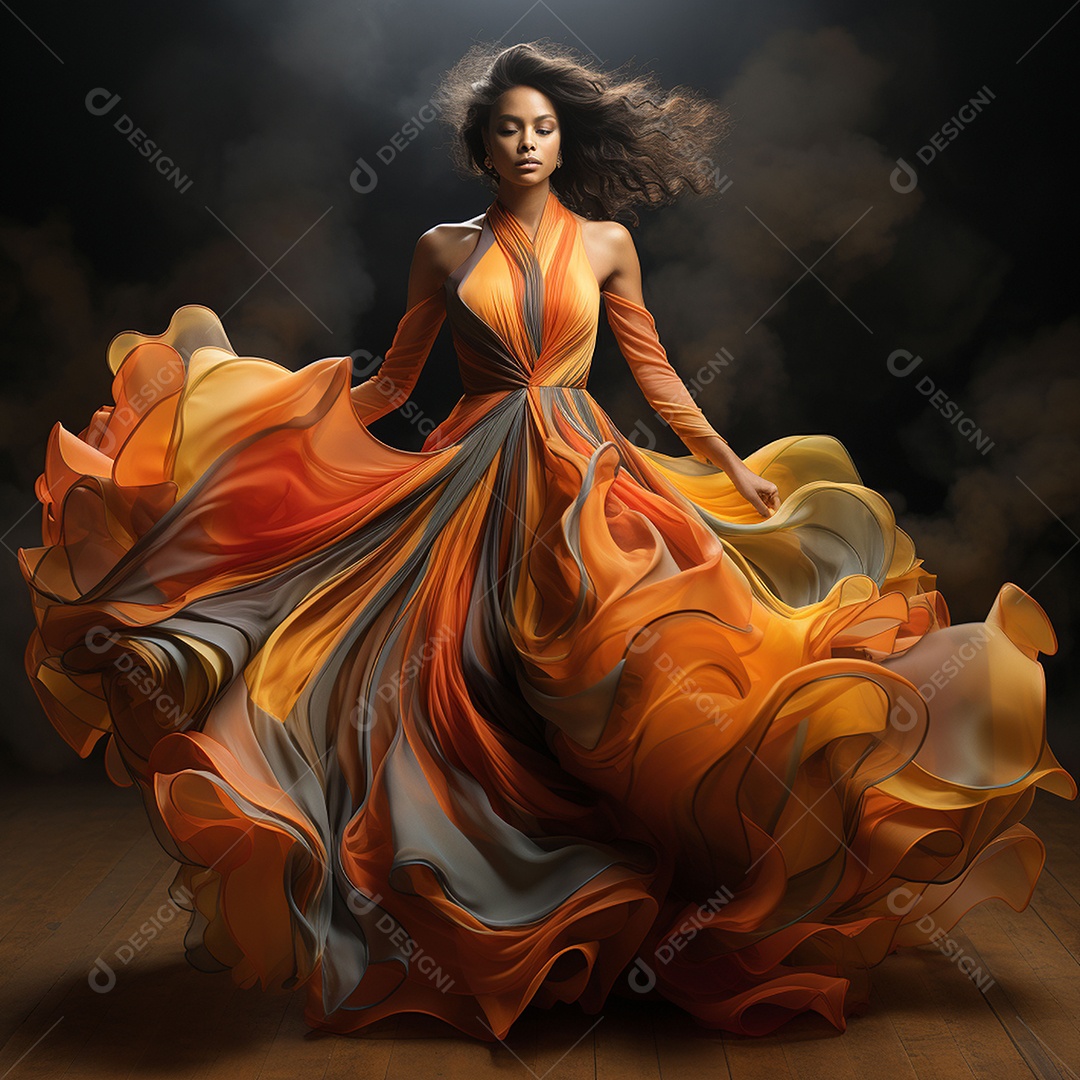 Linda mulher usando vestido de alta costura com desfoque de movimento