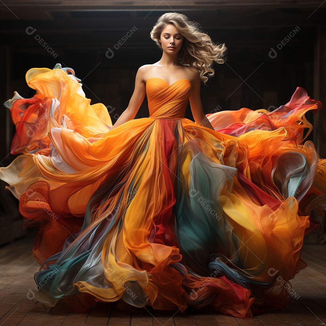 Linda mulher usando vestido de alta costura com desfoque de movimento