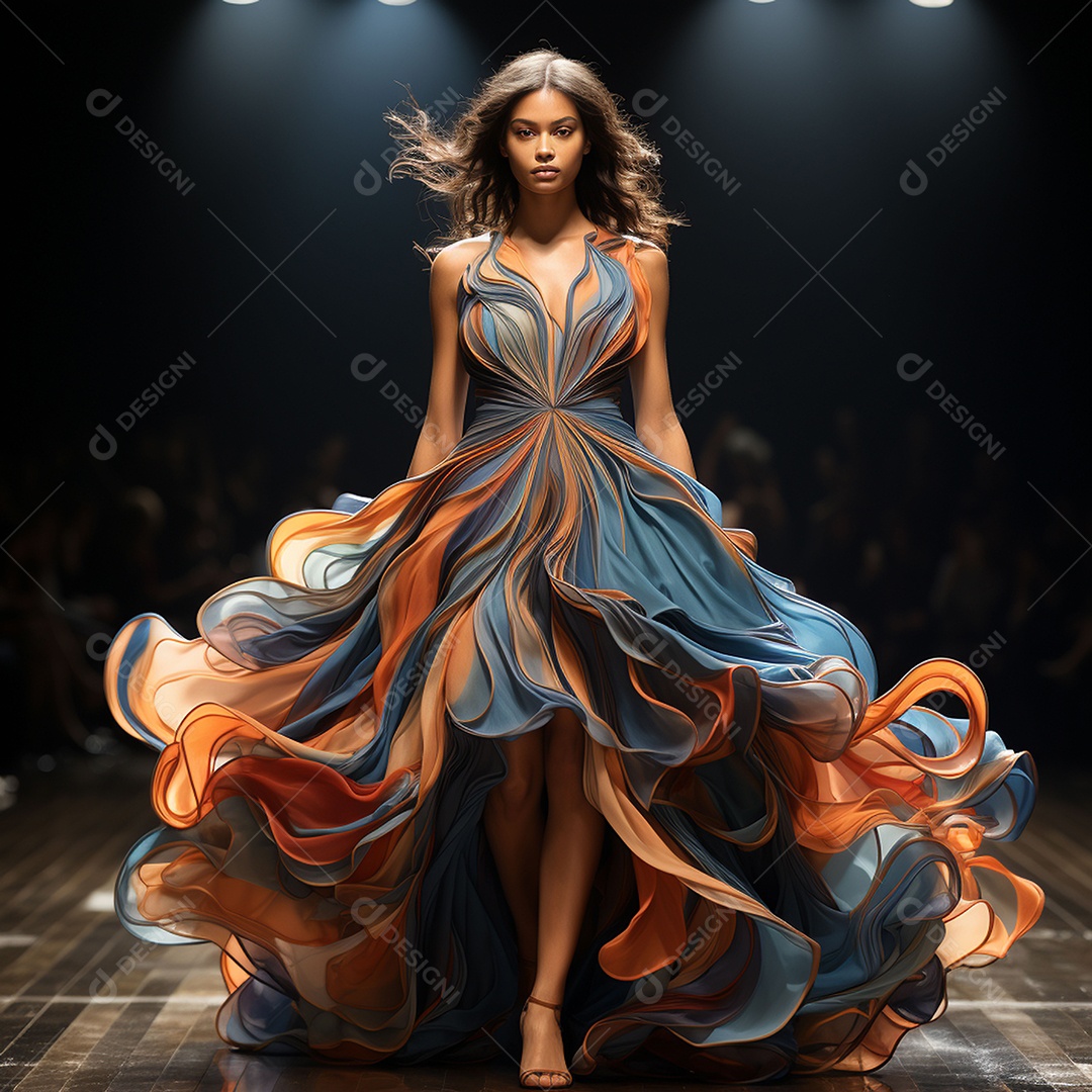 Linda mulher usando vestido de alta costura com desfoque de movimento