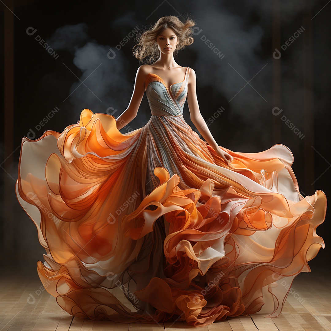 Linda mulher usando vestido de alta costura com desfoque de movimento