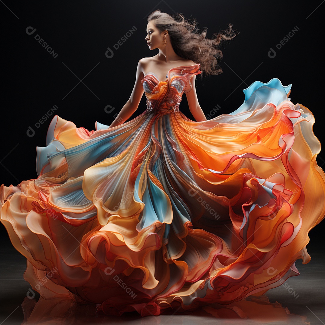 Linda mulher usando vestido de alta costura com desfoque de movimento