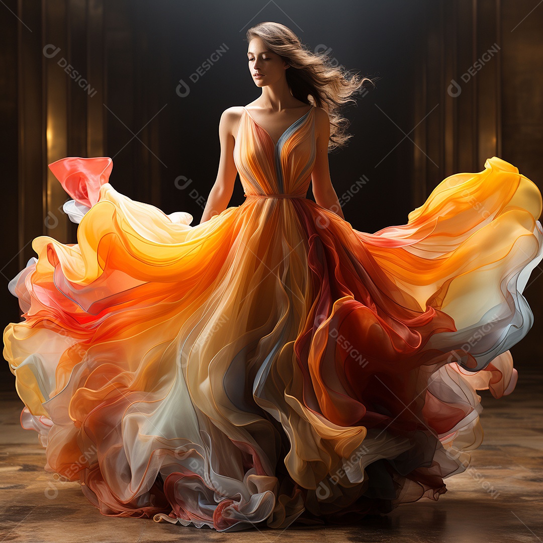 Linda mulher usando vestido de alta costura com desfoque de movimento