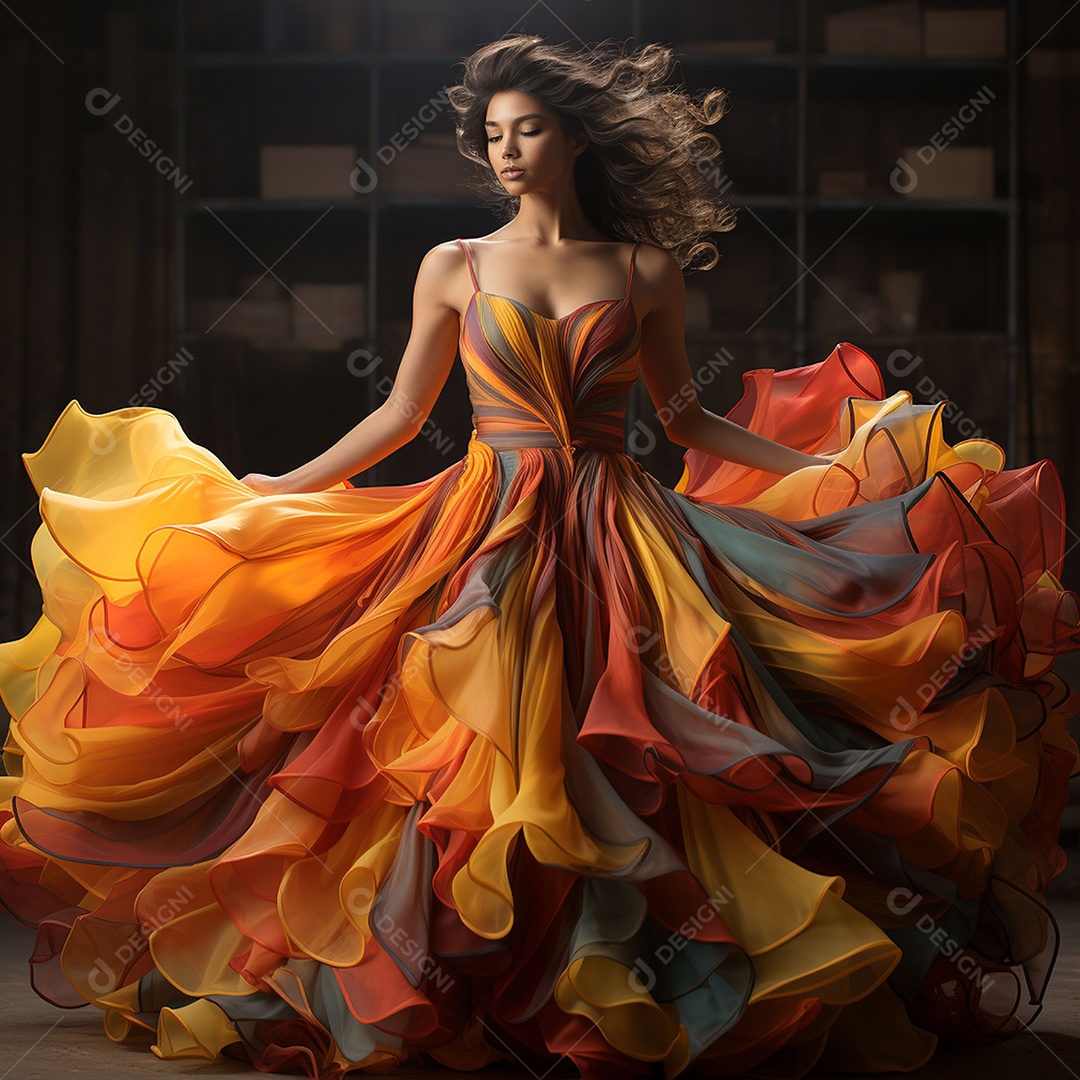 Linda mulher usando vestido de alta costura com desfoque de movimento