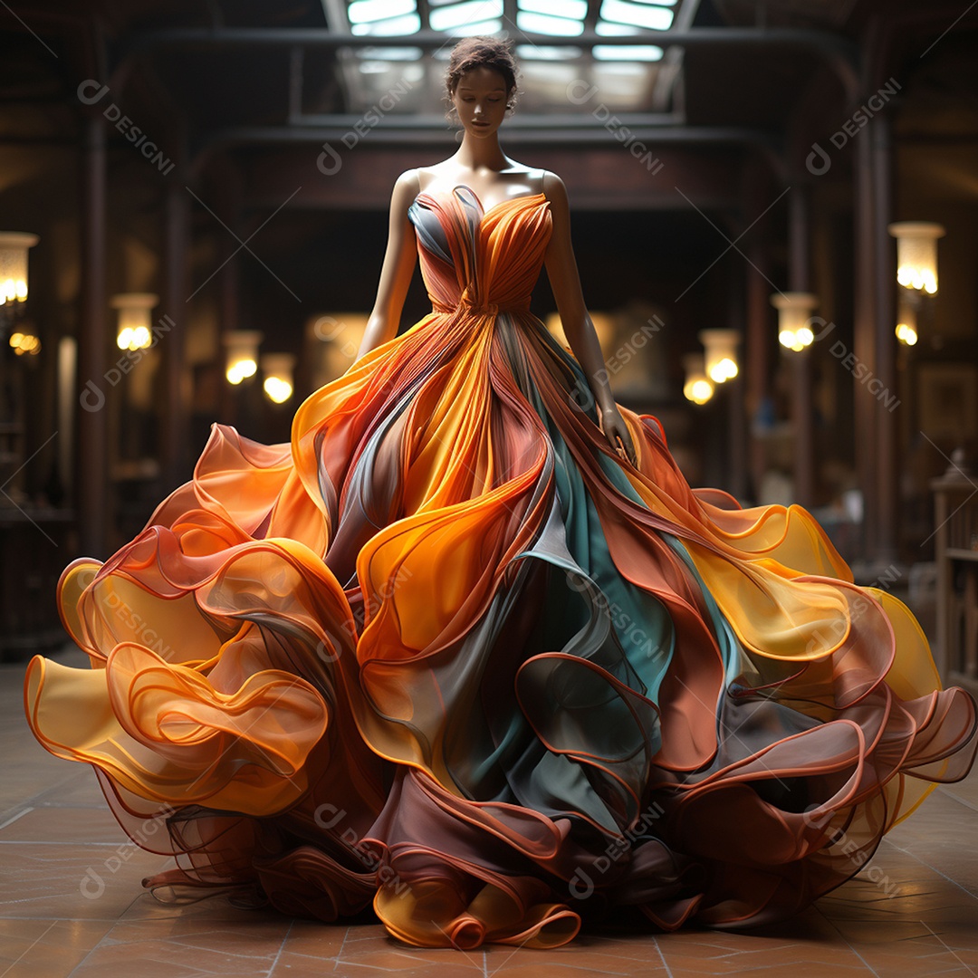 Linda mulher usando vestido de alta costura com desfoque de movimento