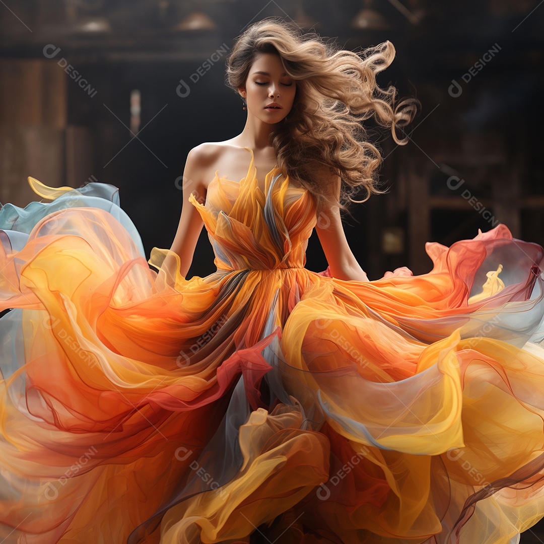 Linda mulher usando vestido de alta costura com desfoque de movimento