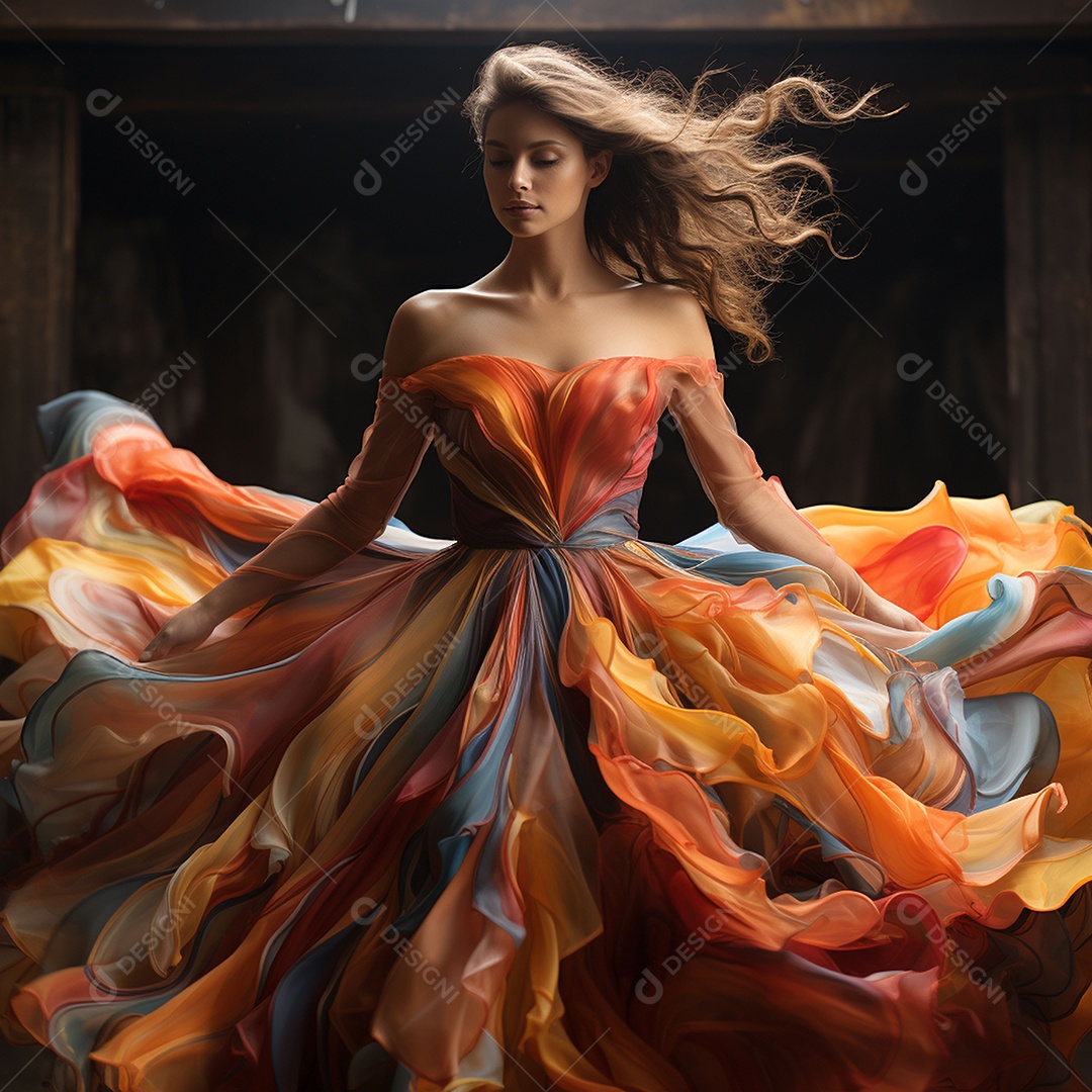 Linda mulher usando vestido de alta costura com desfoque de movimento