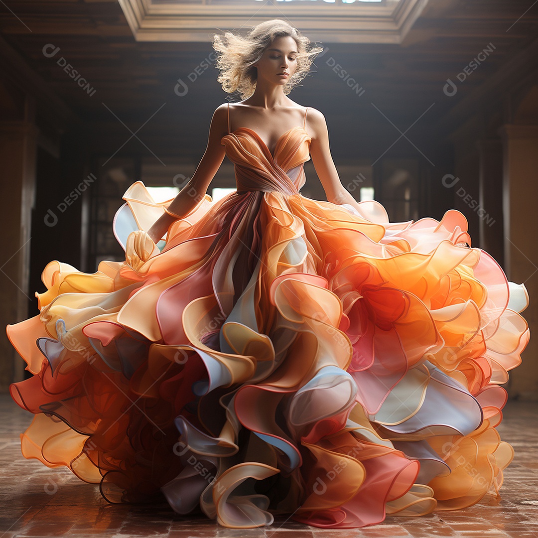 Linda mulher usando vestido de alta costura com desfoque de movimento