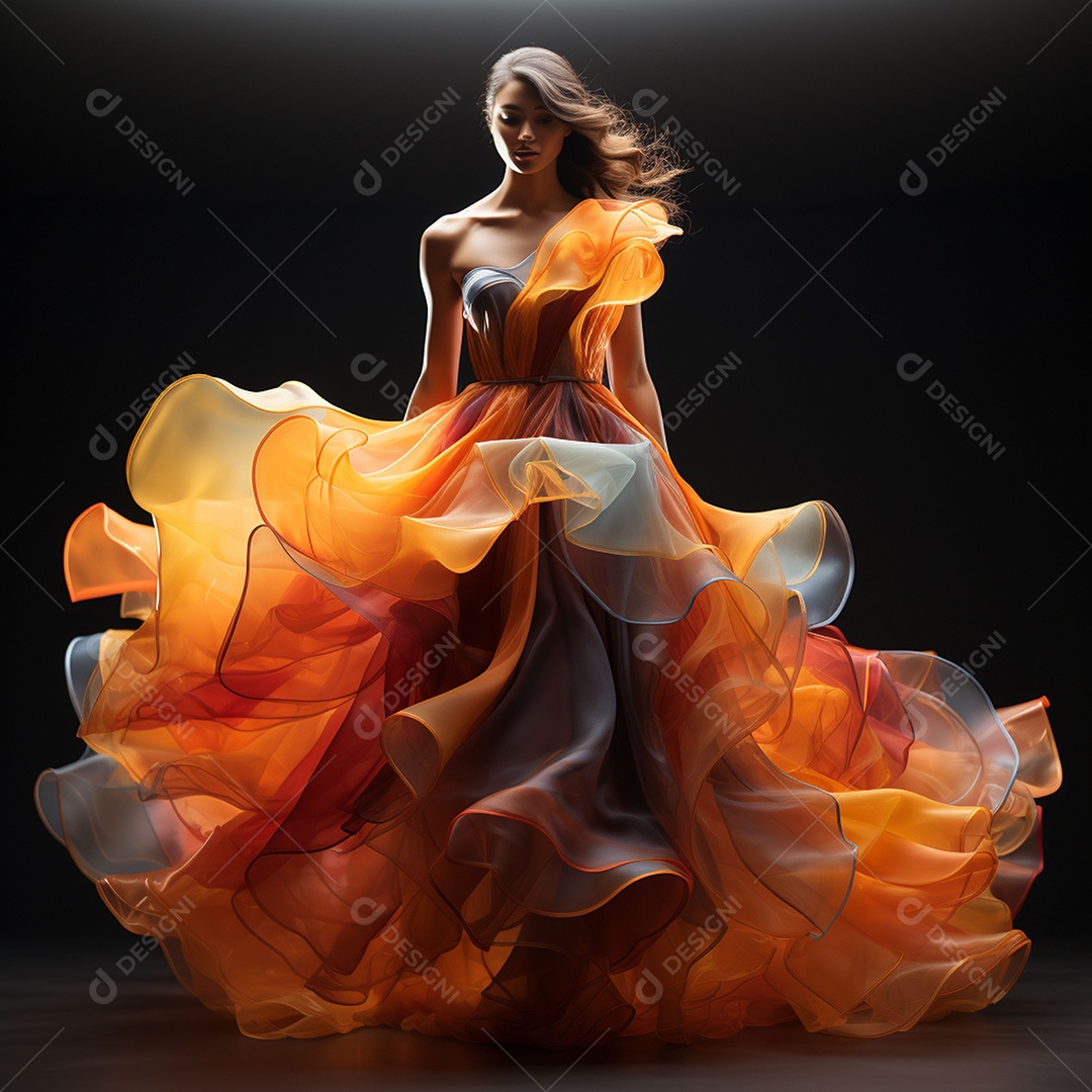 Linda mulher usando vestido de alta costura com desfoque de movimento