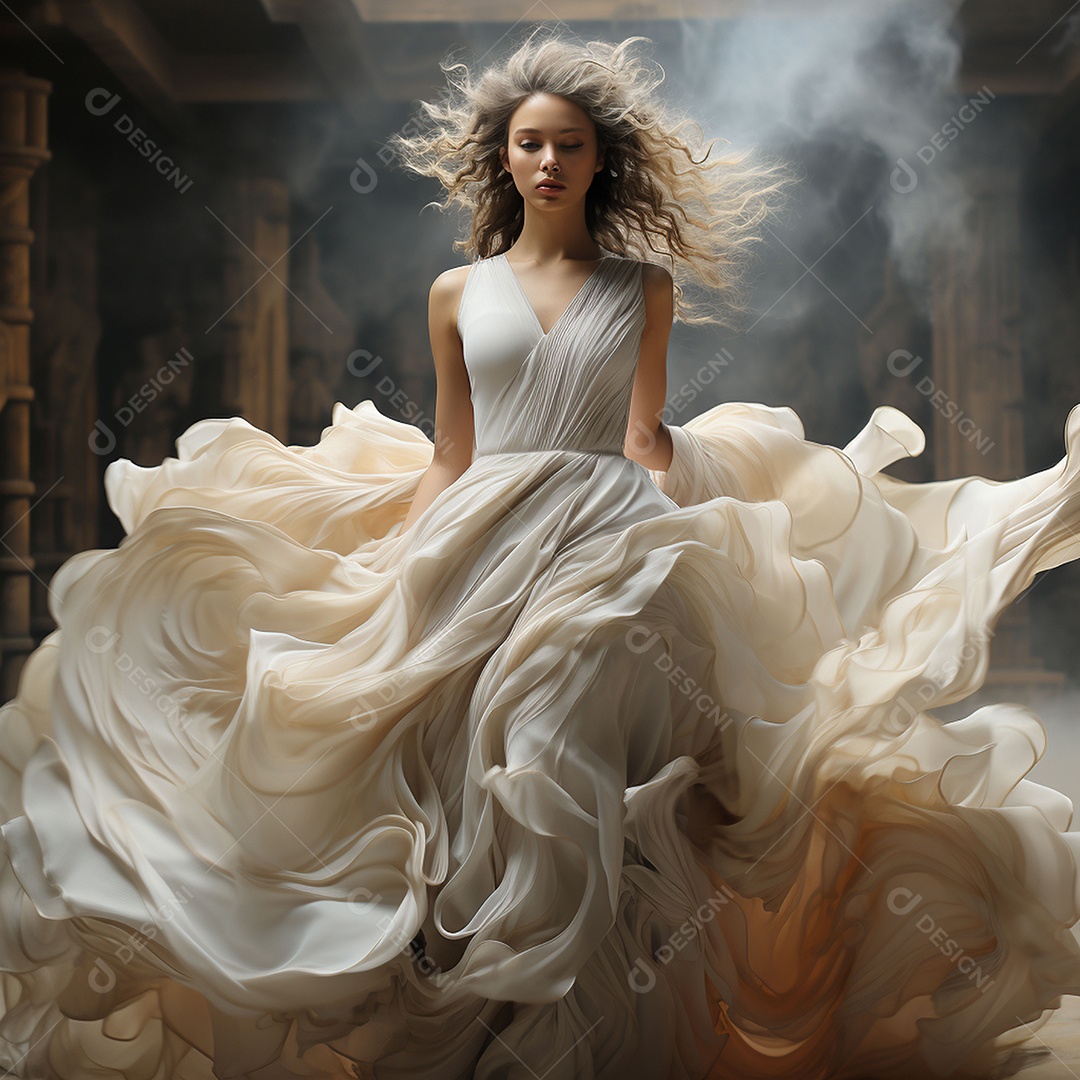 Linda mulher usando vestido de alta costura com desfoque de movimento