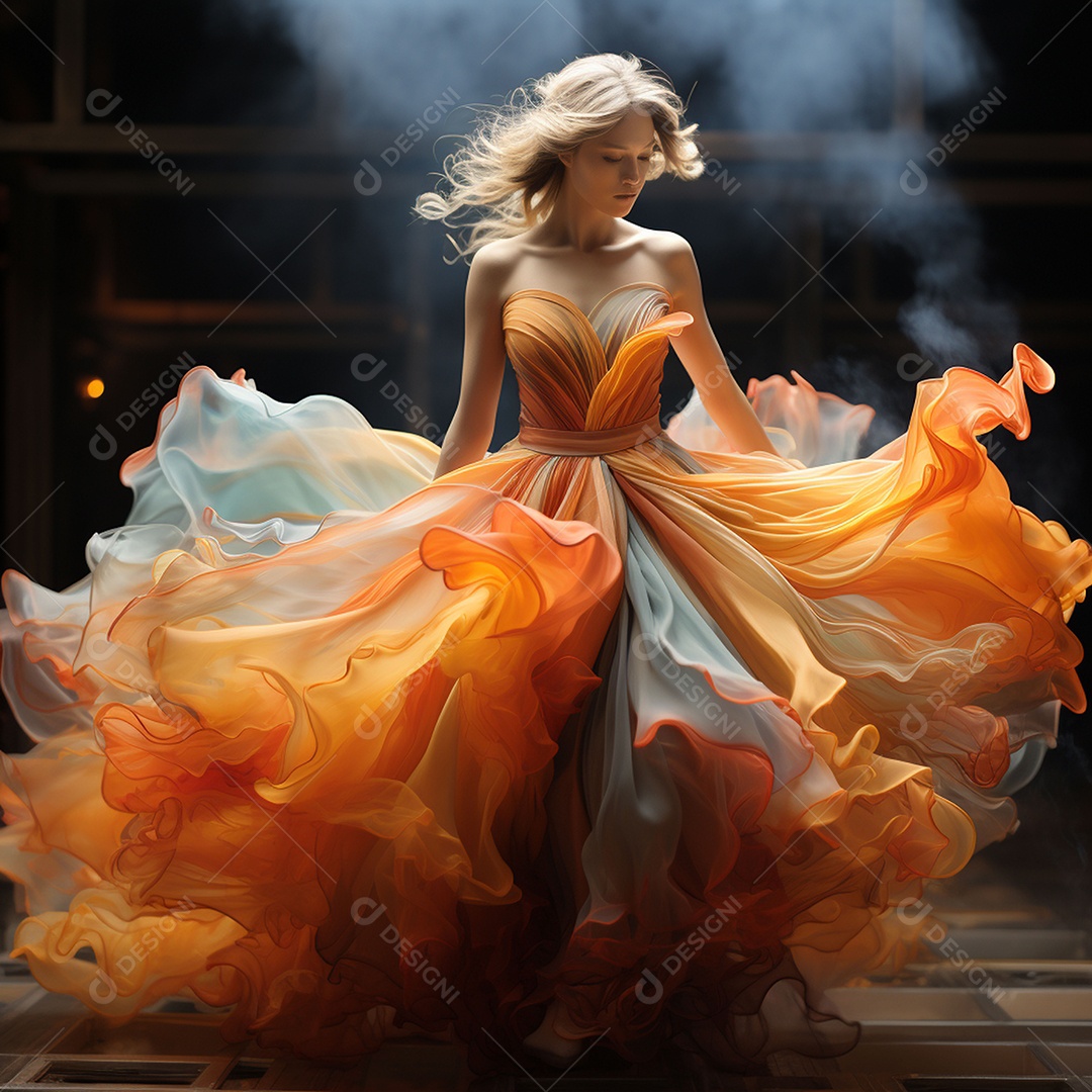 Linda mulher usando vestido de alta costura com desfoque de movimento