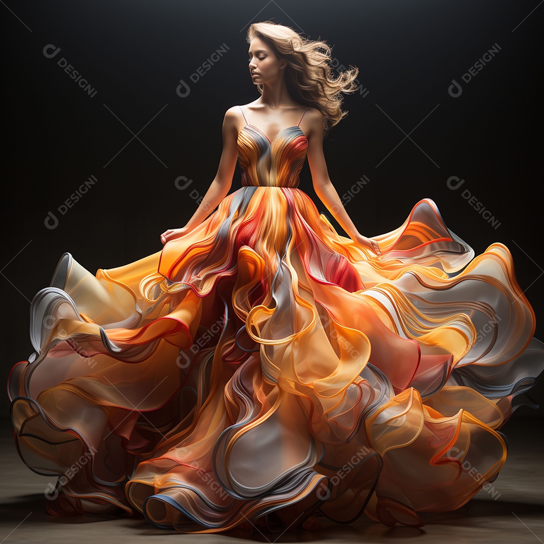 Linda mulher usando vestido de alta costura com desfoque de movimento