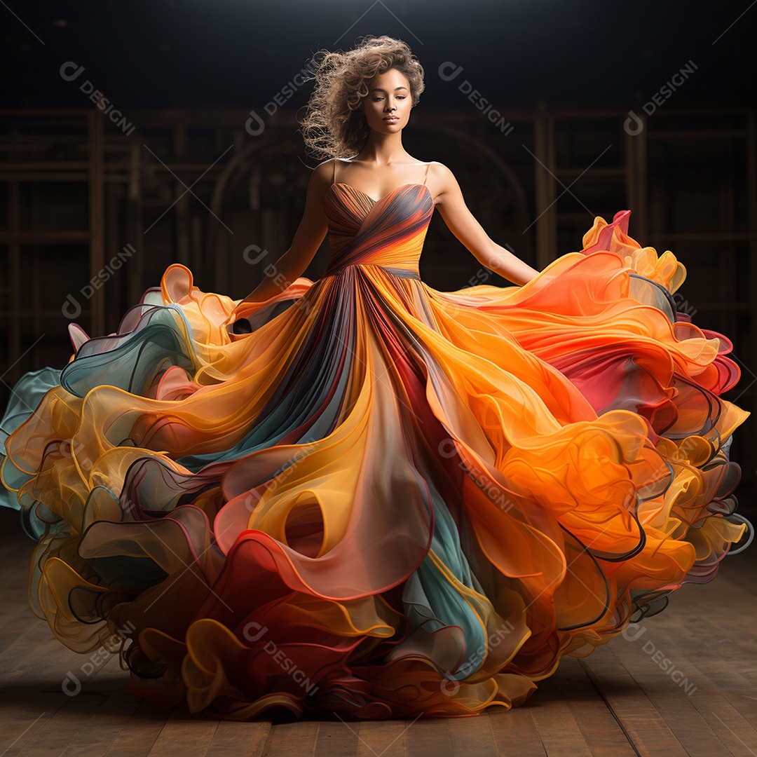 Linda mulher usando vestido de alta costura com desfoque de movimento