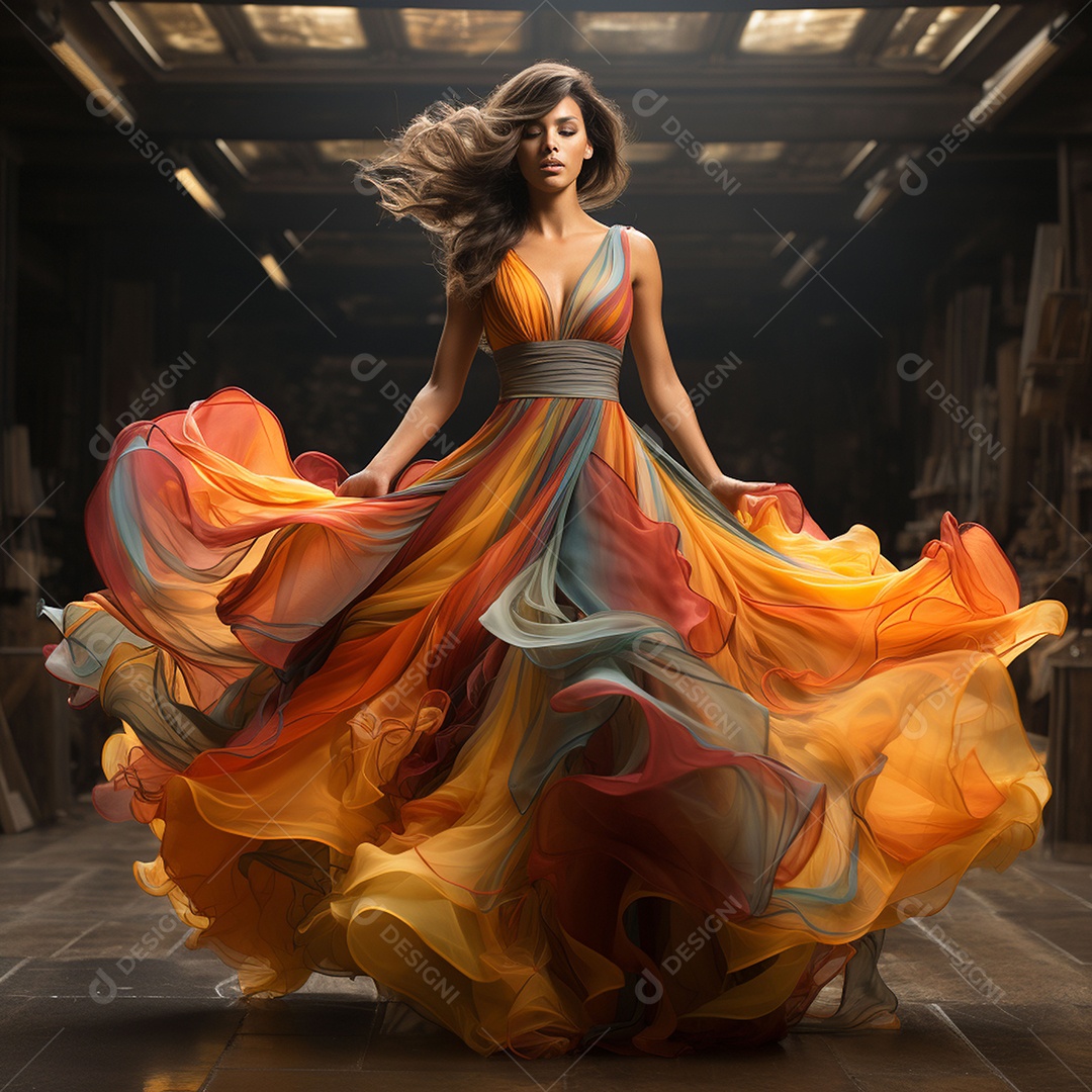 Linda mulher usando vestido de alta costura com desfoque de movimento