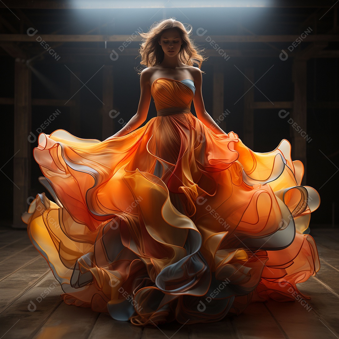 Linda mulher usando vestido de alta costura com desfoque de movimento