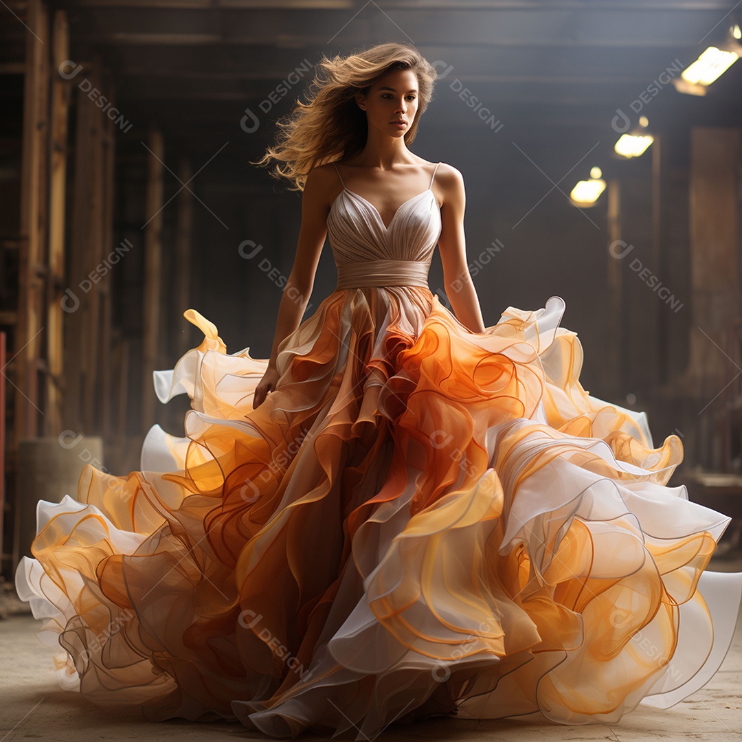 Linda mulher usando vestido de alta costura com desfoque de movimento