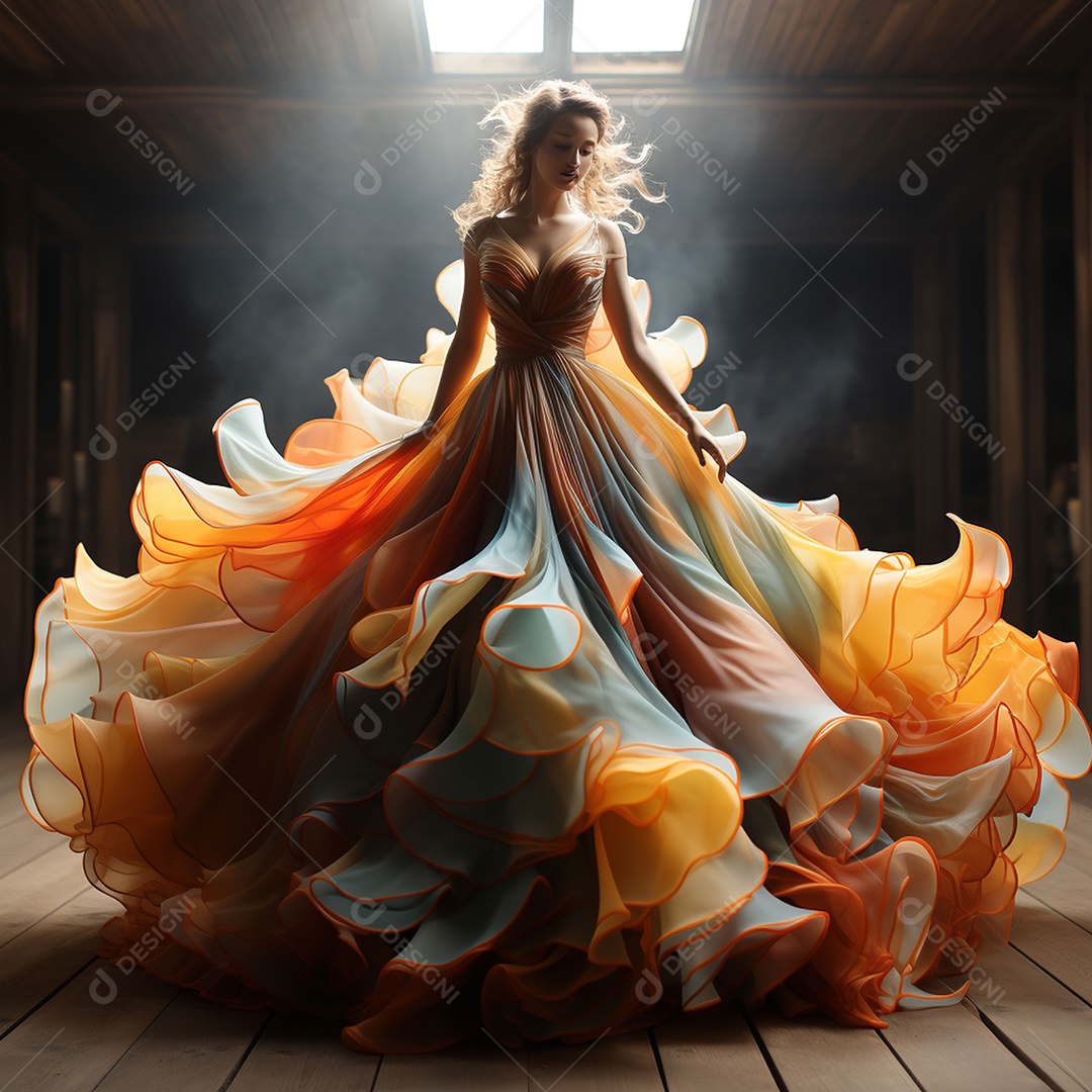 Linda mulher usando vestido de alta costura com desfoque de movimento