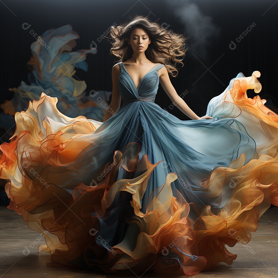 Linda mulher usando vestido de alta costura com desfoque de movimento