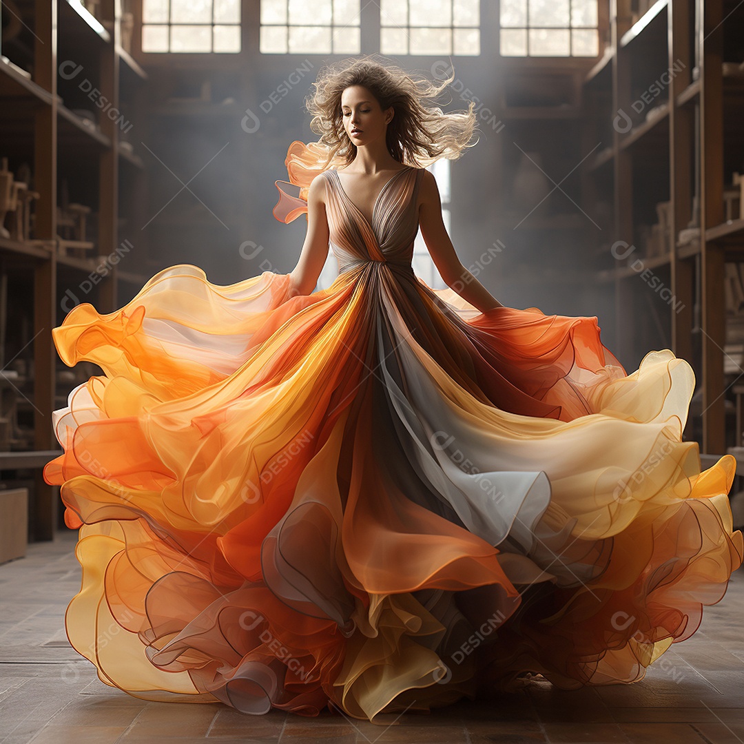 Linda mulher usando vestido de alta costura com desfoque de movimento