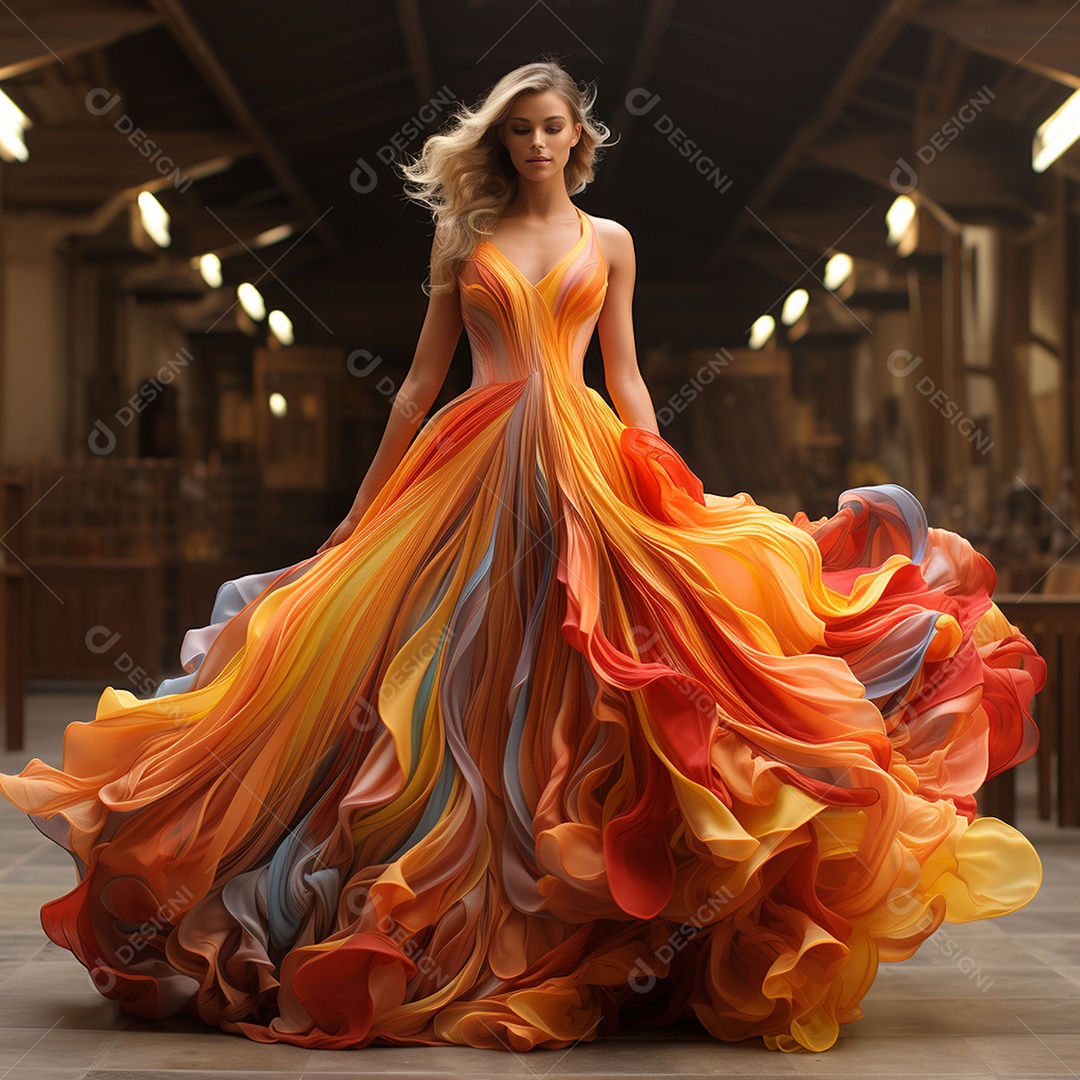 Linda mulher usando vestido de alta costura com desfoque de movimento