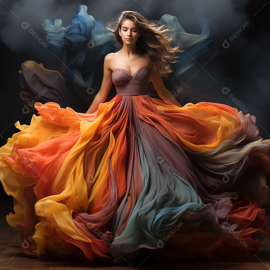 Linda mulher usando vestido de alta costura com desfoque de movimento