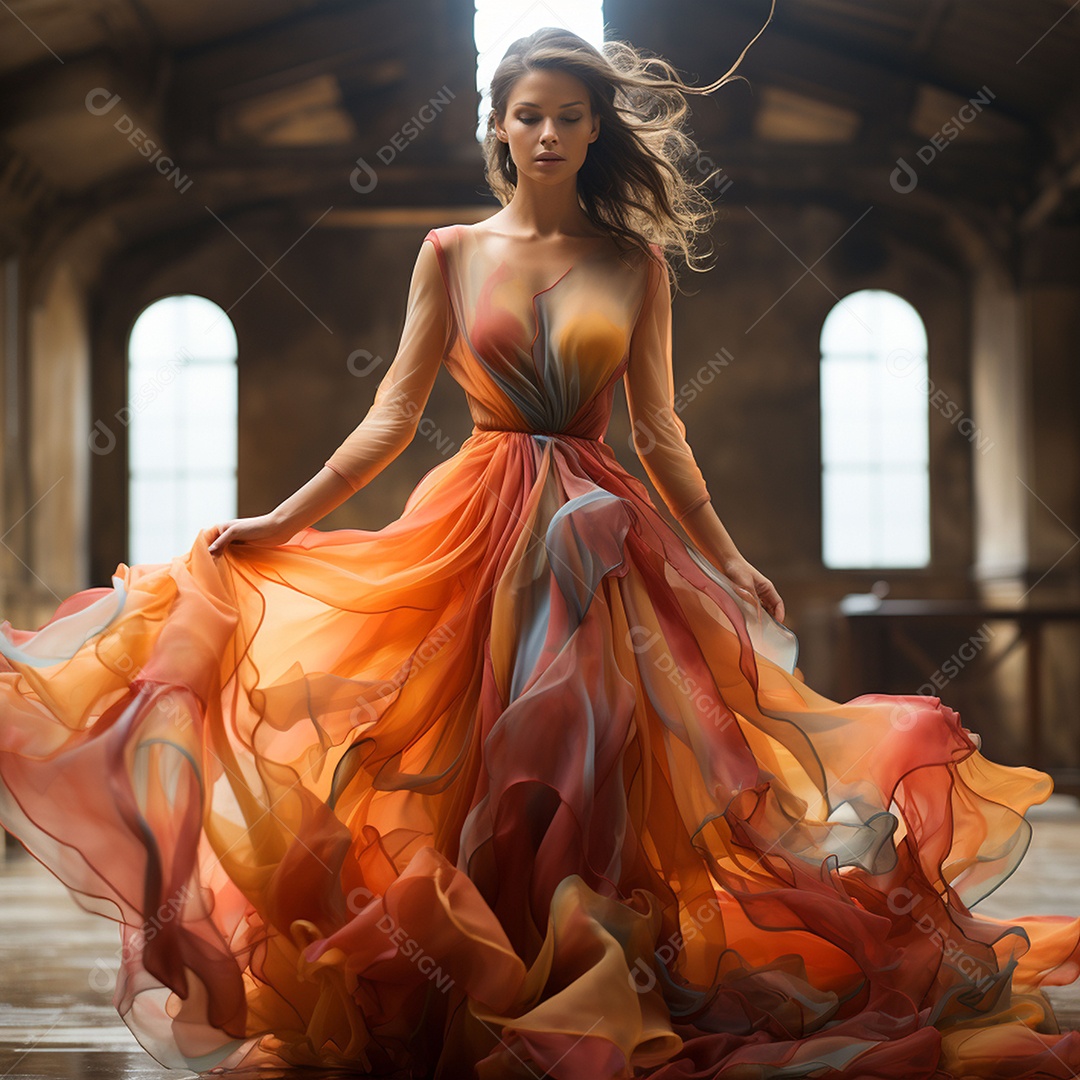 Linda mulher usando vestido de alta costura com desfoque de movimento