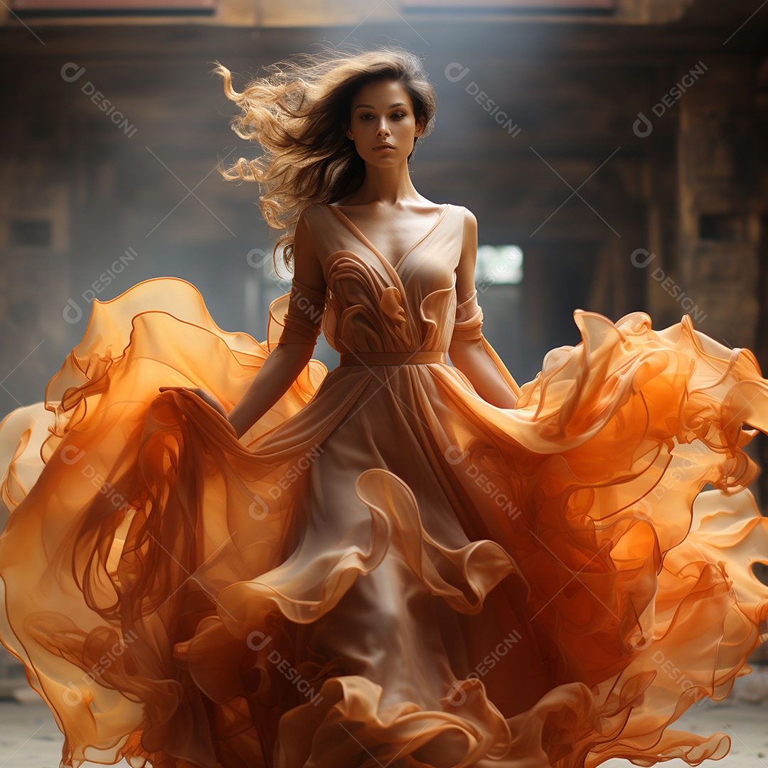 Linda mulher usando vestido de alta costura com desfoque de movimento