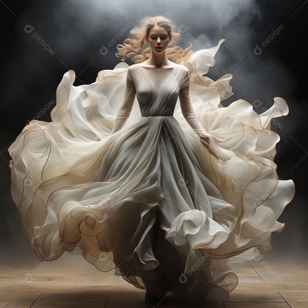 Linda mulher usando vestido de alta costura com desfoque de movimento