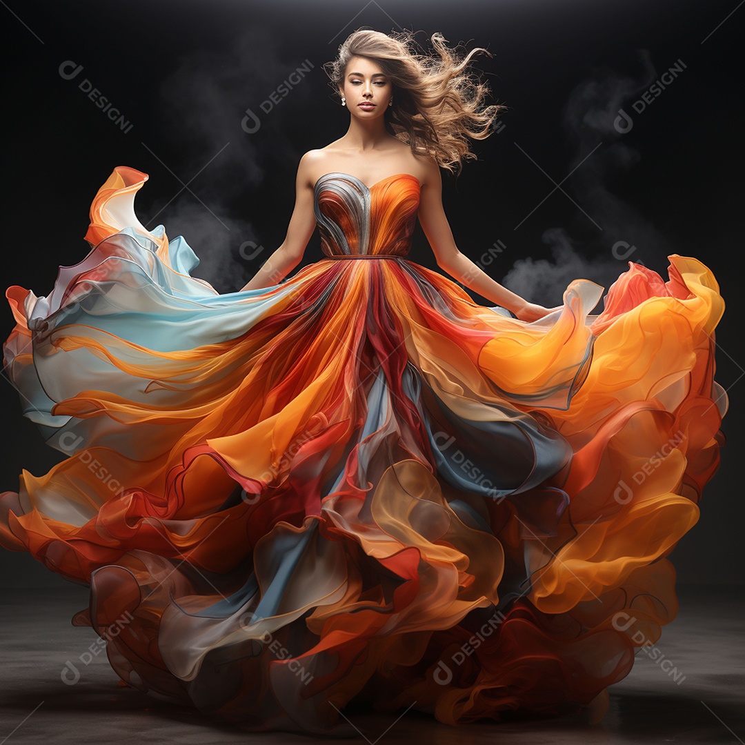 Linda mulher usando vestido de alta costura com desfoque de movimento