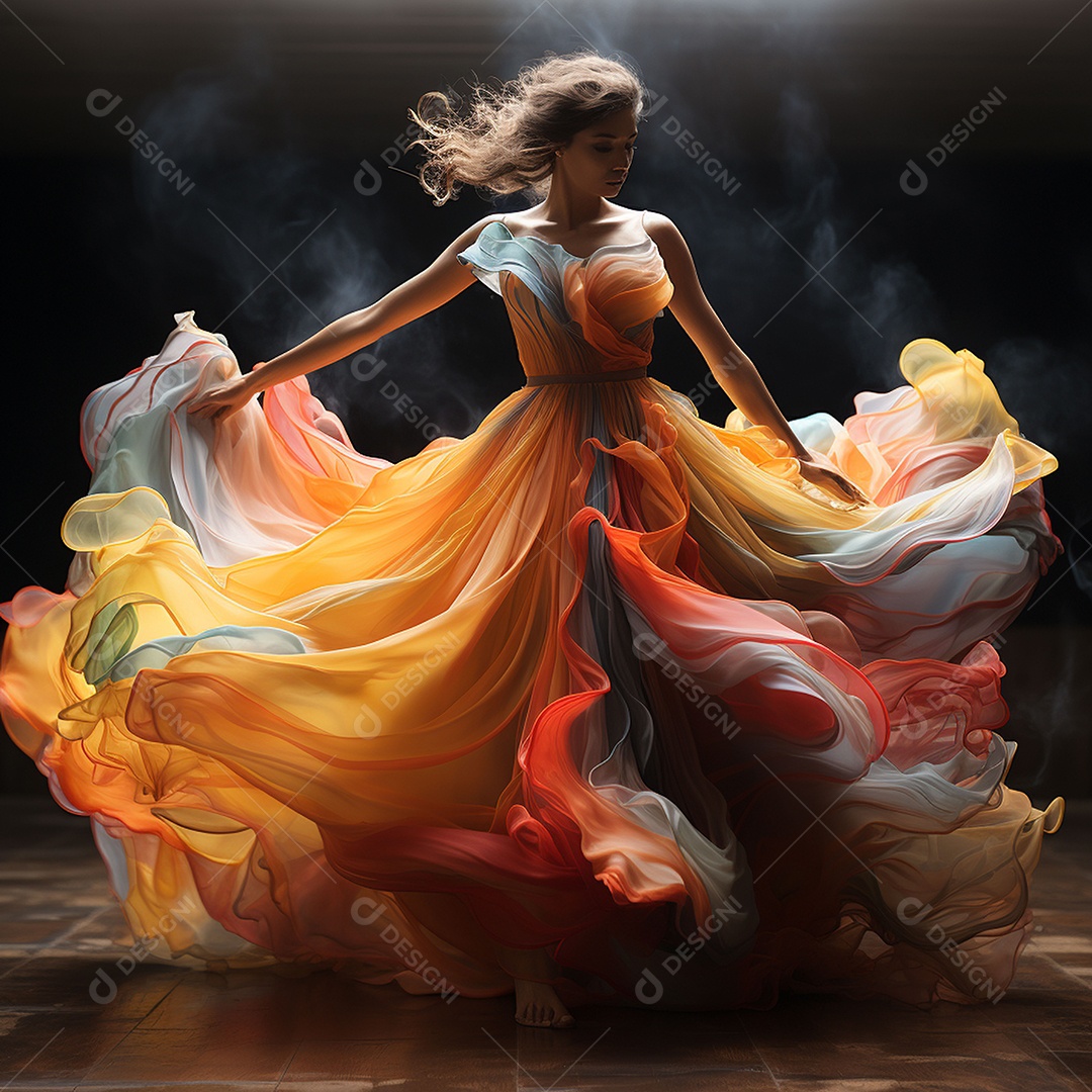 Linda mulher usando vestido de alta costura com desfoque de movimento