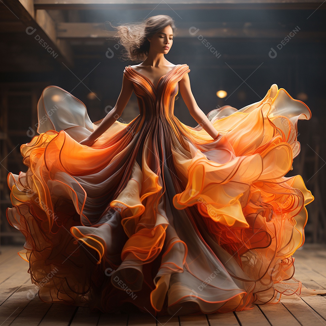 Linda mulher usando vestido de alta costura com desfoque de movimento