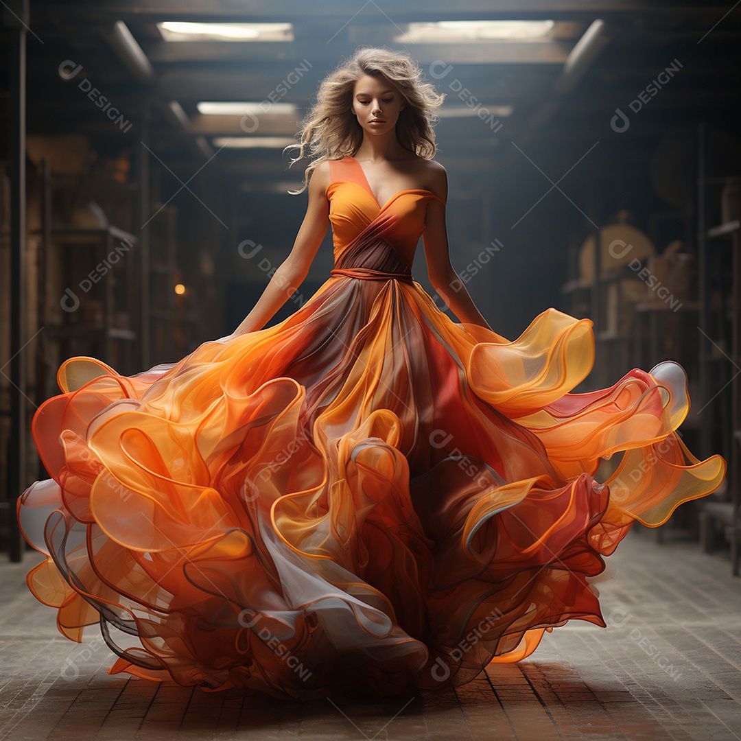 Linda mulher usando vestido de alta costura com desfoque de movimento