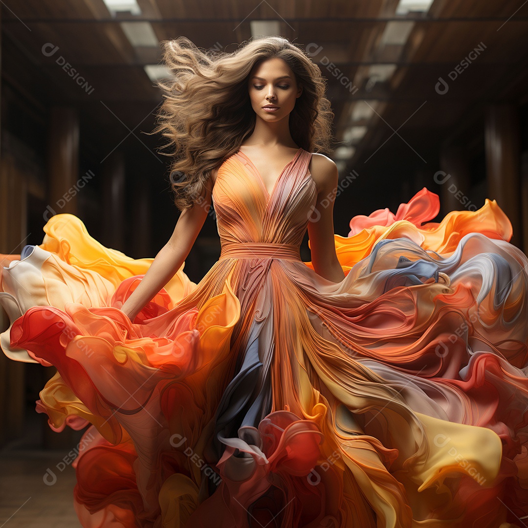 Linda mulher usando vestido de alta costura com desfoque de movimento