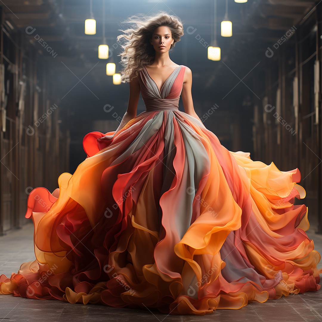 Linda mulher usando vestido de alta costura com desfoque de movimento