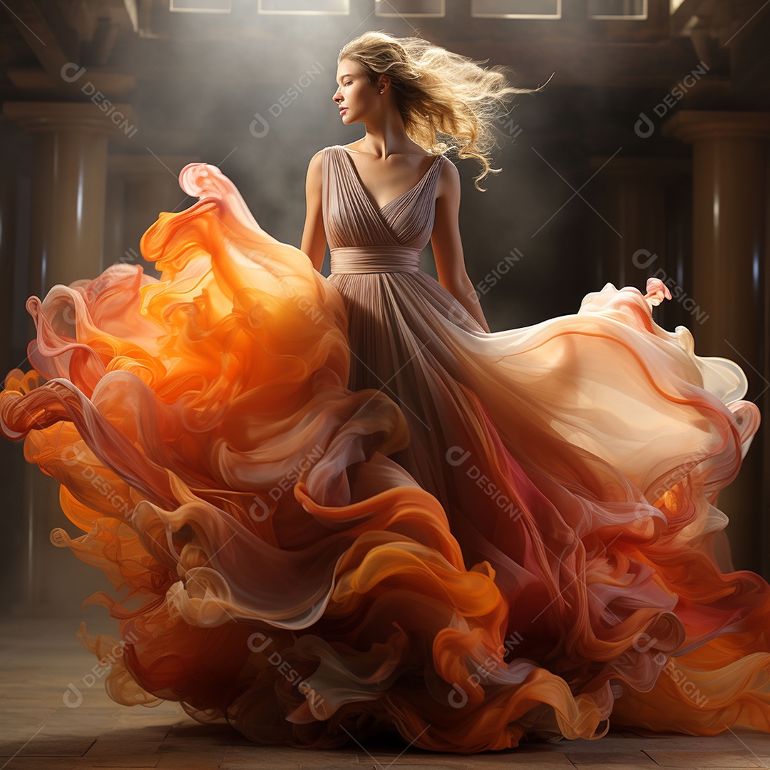 Linda mulher usando vestido de alta costura com desfoque de movimento