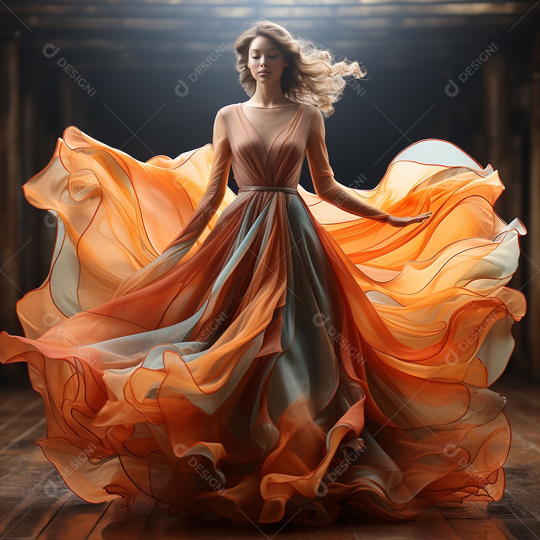 Linda mulher usando vestido de alta costura com desfoque de movimento