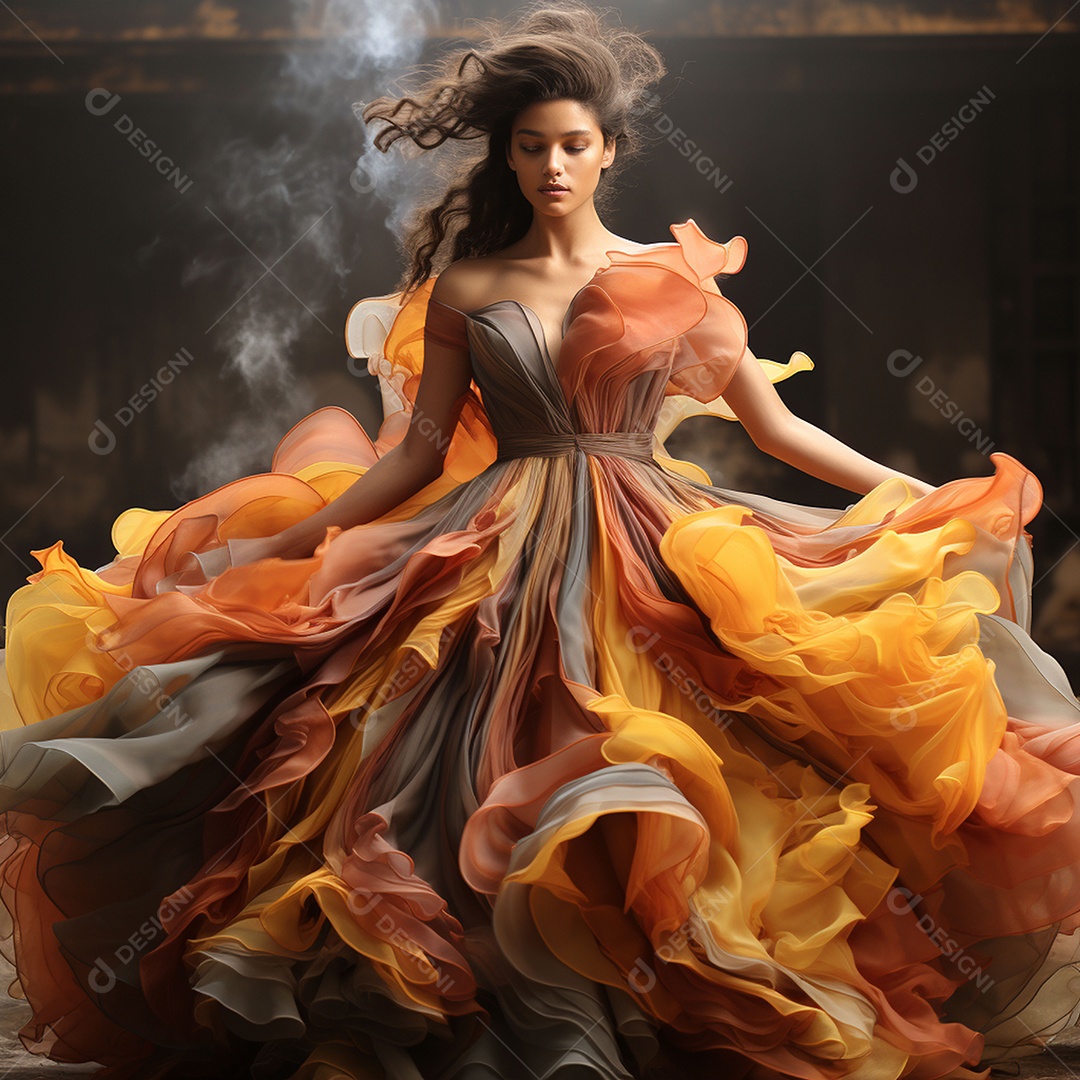 Linda mulher usando vestido de alta costura com desfoque de movimento