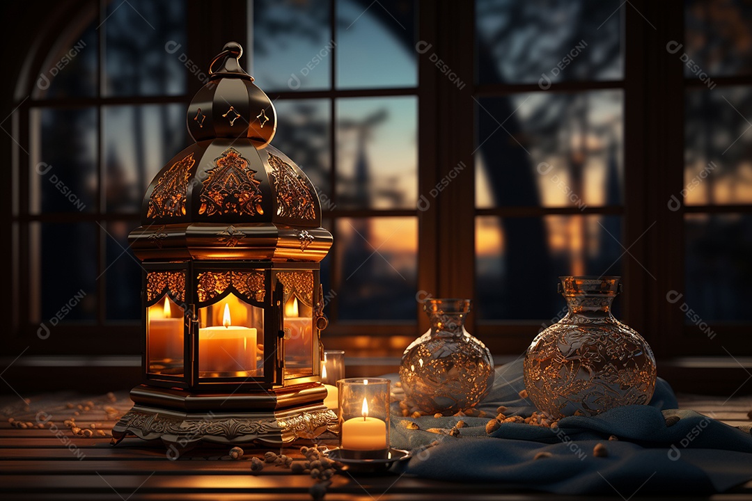 Alcorão sagrado com pódio de lanterna islâmica no Ramadã