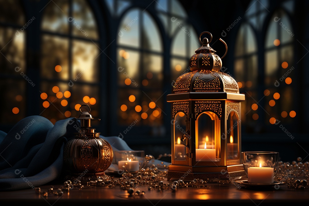 Alcorão sagrado com pódio de lanterna islâmica no Ramadã